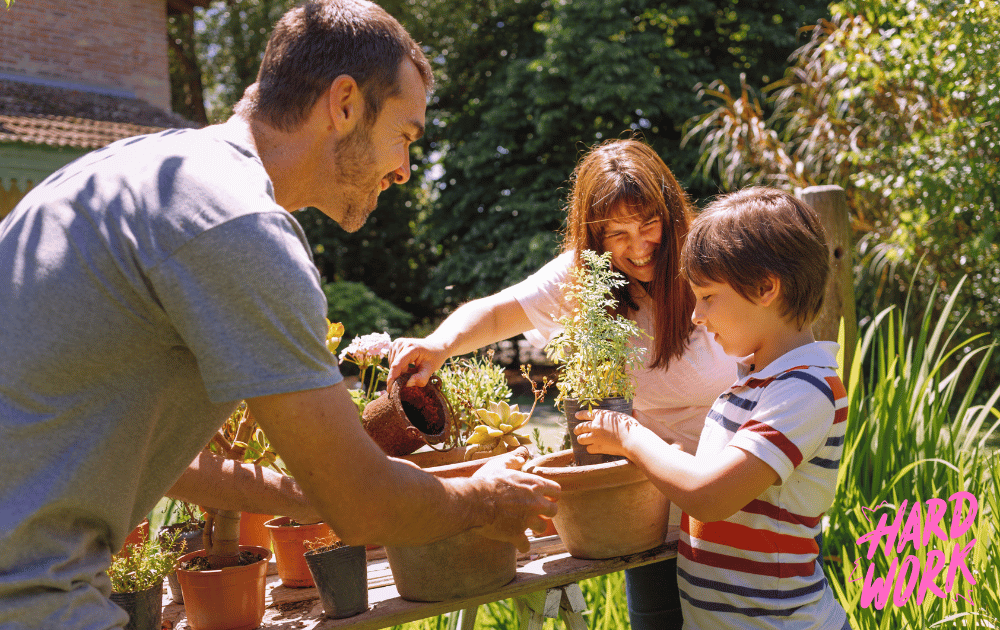 Parents teaching their child the value of hard work.